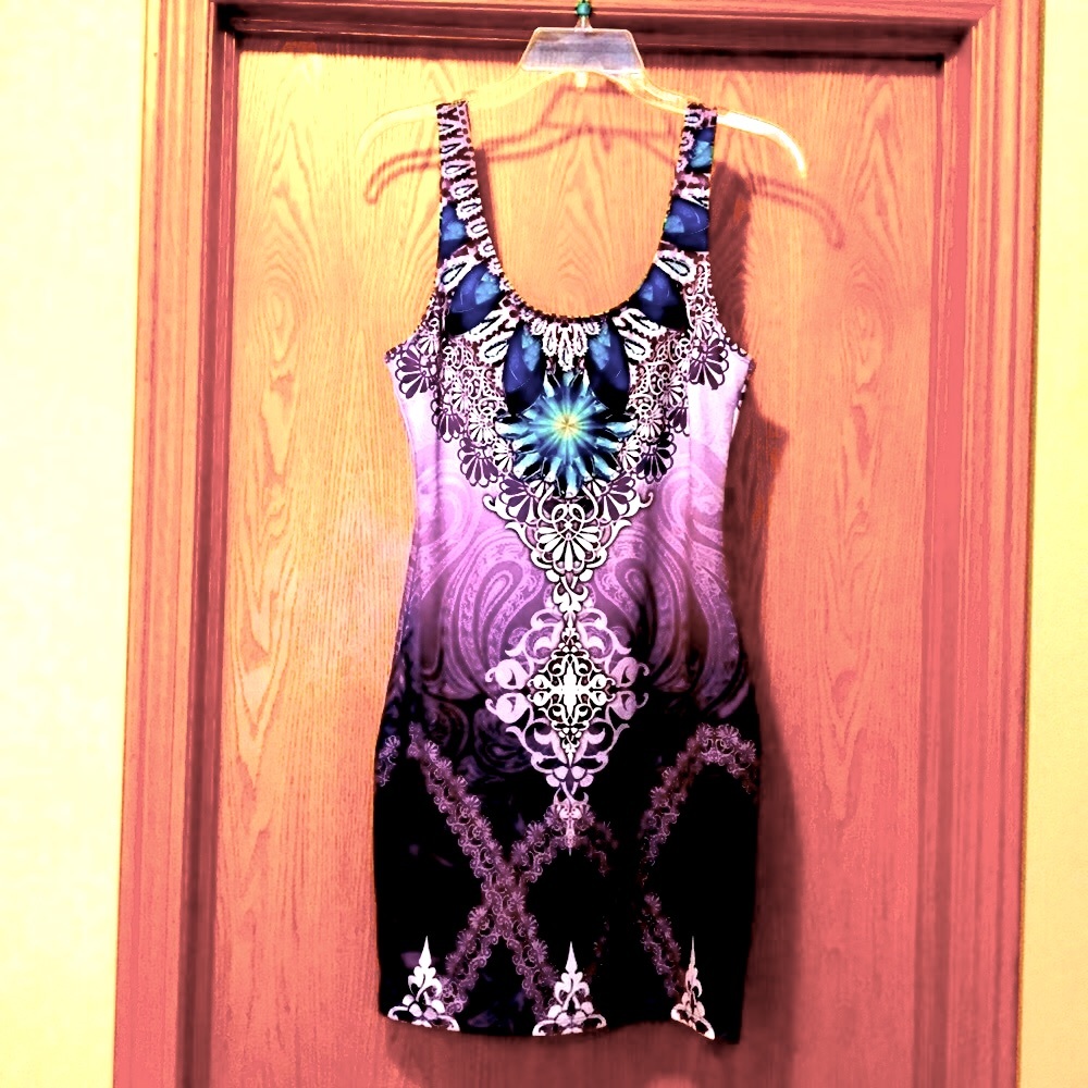 NYLON APPAREL Mini boutique tank dress purple jewel design USA body con sexy EUC